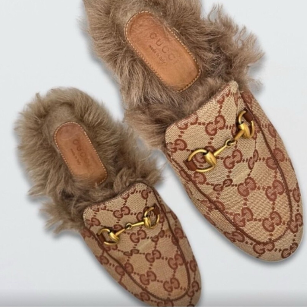 💯GUCCI Monogram Brown and Gold FUR Loafers - Picture 7 of 9